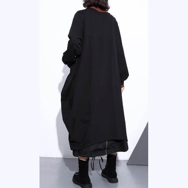 Black Coat O Neck Asymmetrical Design Coats Fine Zippered Long Coats