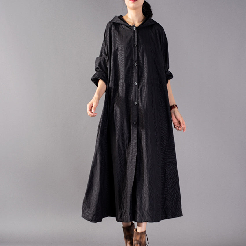 Black Coats Oversize Hooded Trench Coat Fine Baggy Winter Coat