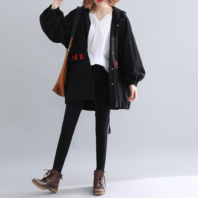 Black Parkas for Hooded Warm Winter Coat Embroidery Winter Coats