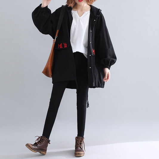 Black Parkas for Hooded Warm Winter Coat Embroidery Winter Coats