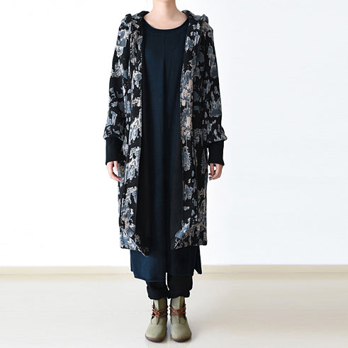 Black Blue Prints Jackets & Coats Oversize Zippered Trench Coat Hooded Jackets & Coats