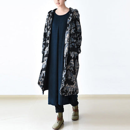 Black Blue Prints Jackets & Coats Oversize Zippered Trench Coat Hooded Jackets & Coats
