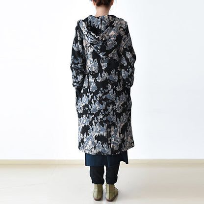 Black Blue Prints Jackets & Coats Oversize Zippered Trench Coat Hooded Jackets & Coats