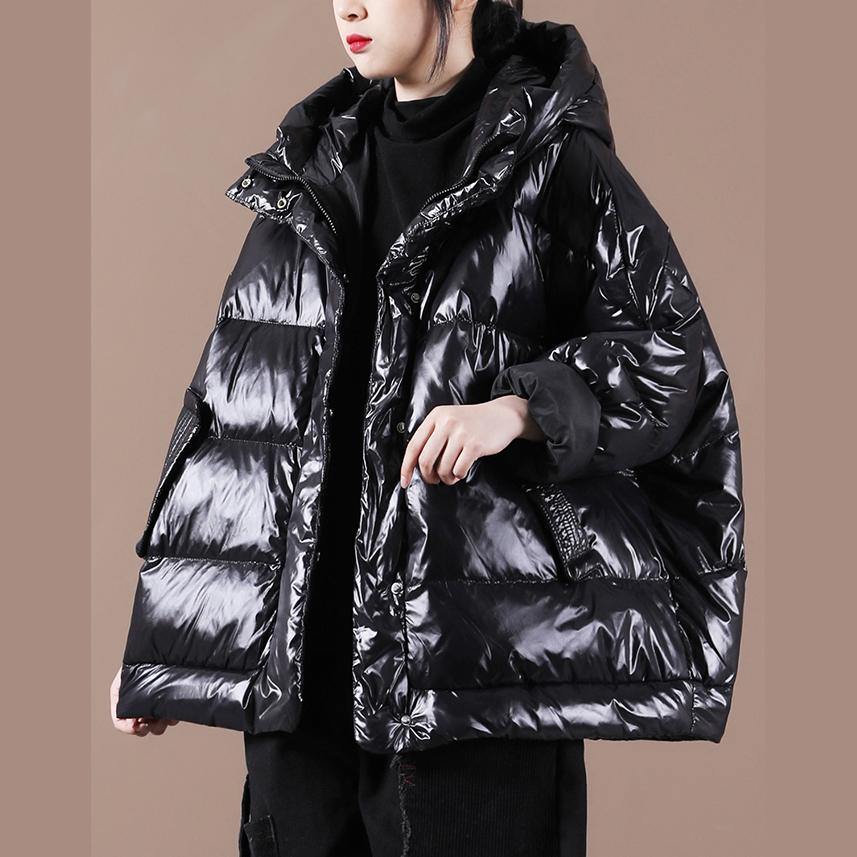 Black Down Coat Winter Loose-fitting Down Jacket Hooded Zippered Warm Coats