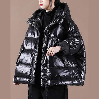 Black Down Coat Winter Loose-fitting Down Jacket Hooded Zippered Warm Coats