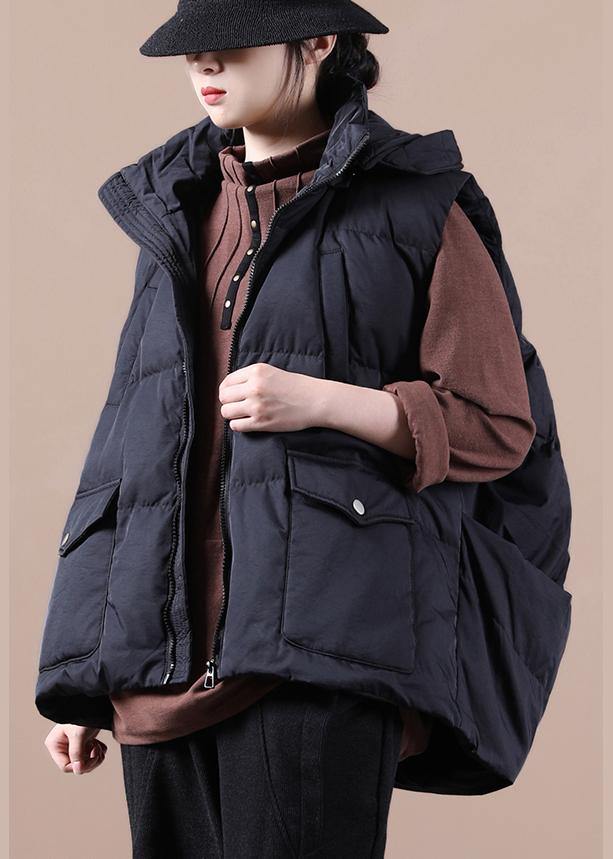 Black Down Jacket Woman Oversize Parka Stand Collar Pockets Vest