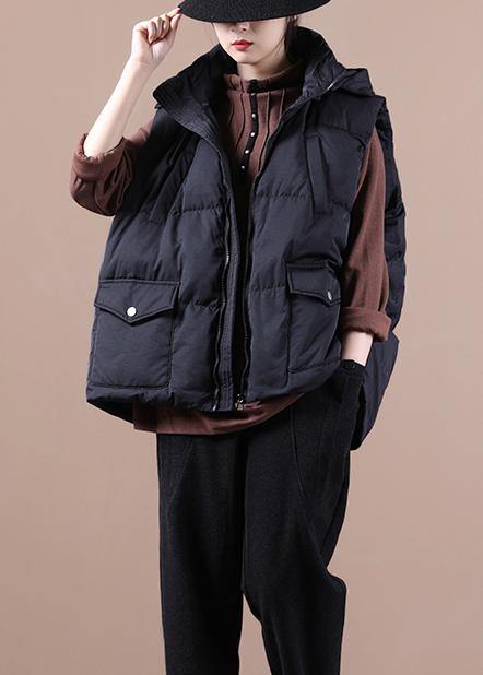 Black Down Jacket Woman Oversize Parka Stand Collar Pockets Vest