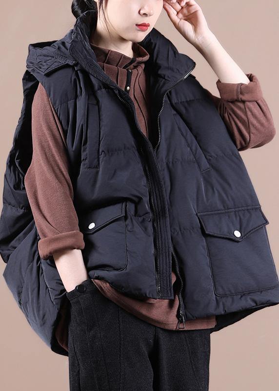 Black Down Jacket Woman Oversize Parka Stand Collar Pockets Vest