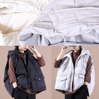 Black Down Jacket Woman Oversize Parka Stand Collar Pockets Vest