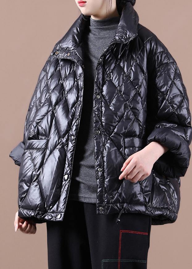 Black Goose Down Coat Loose Fitting Snow Jackets Stand Collar Button Down New Jackets