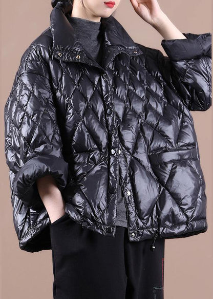 Black Goose Down Coat Loose Fitting Snow Jackets Stand Collar Button Down New Jackets