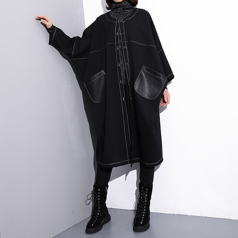 Black Maxi Coat O Neck Baggy Boutique Pockets Coats