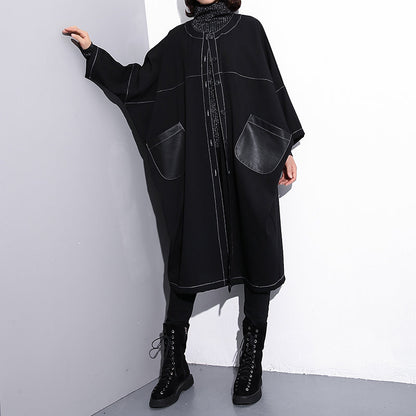 Black Maxi Coat O Neck Baggy Boutique Pockets Coats