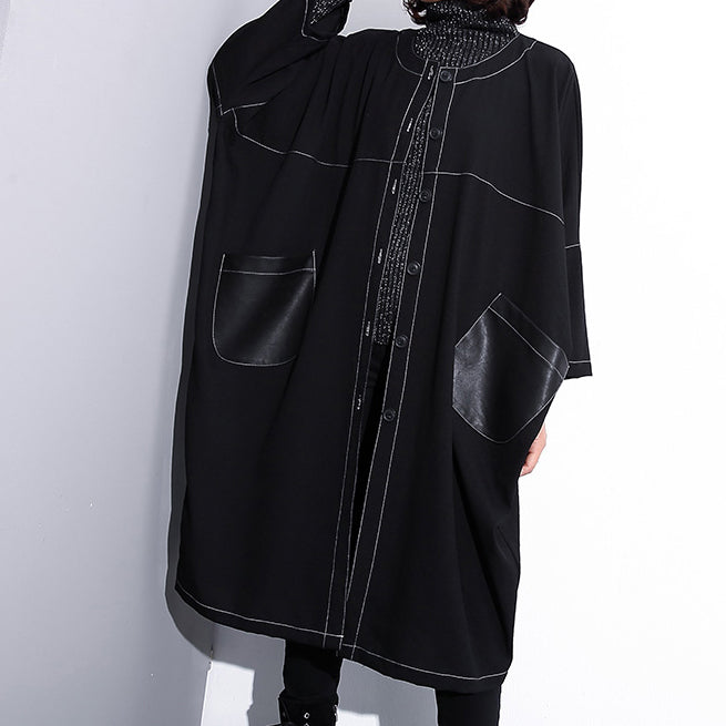 Black Maxi Coat O Neck Baggy Boutique Pockets Coats
