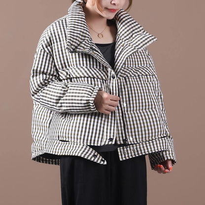 Black Plaid Duck Down Coat Stand Collar Overcoat