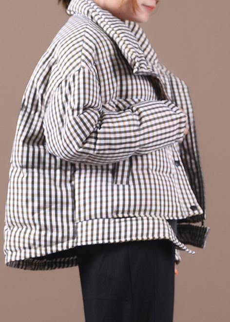 Black Plaid Duck Down Coat Stand Collar Overcoat