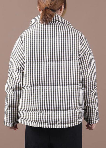 Black Plaid Duck Down Coat Stand Collar Overcoat