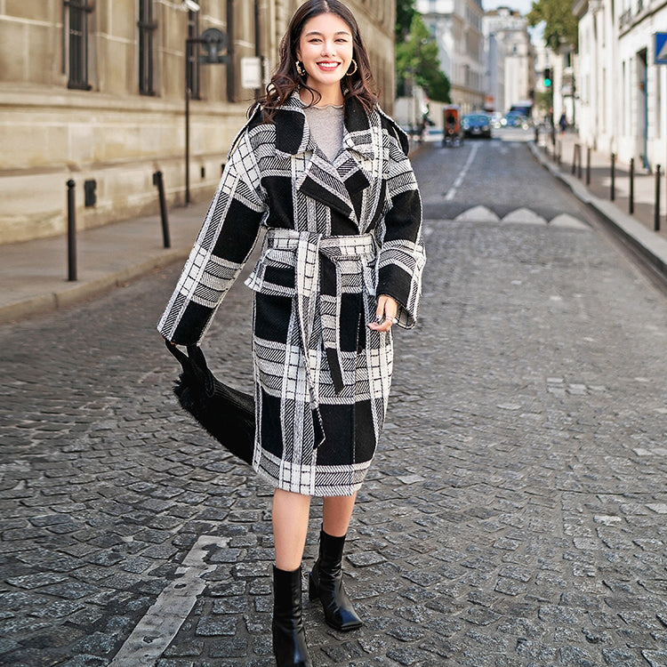 Black White Plaid Coat Notched Wool Coat Boutique Tie Waist Wool Coat