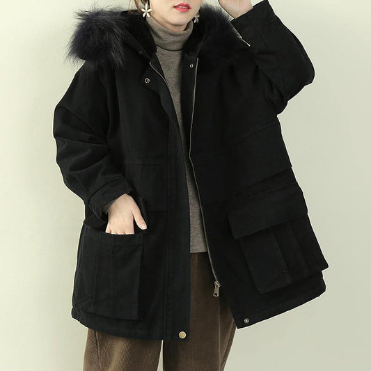 Black Winter Coats Clothing Hooded Faux Fur Collar Overcoat
