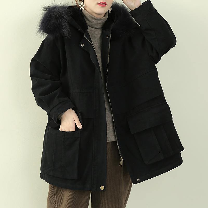 Black Winter Coats Clothing Hooded Faux Fur Collar Overcoat