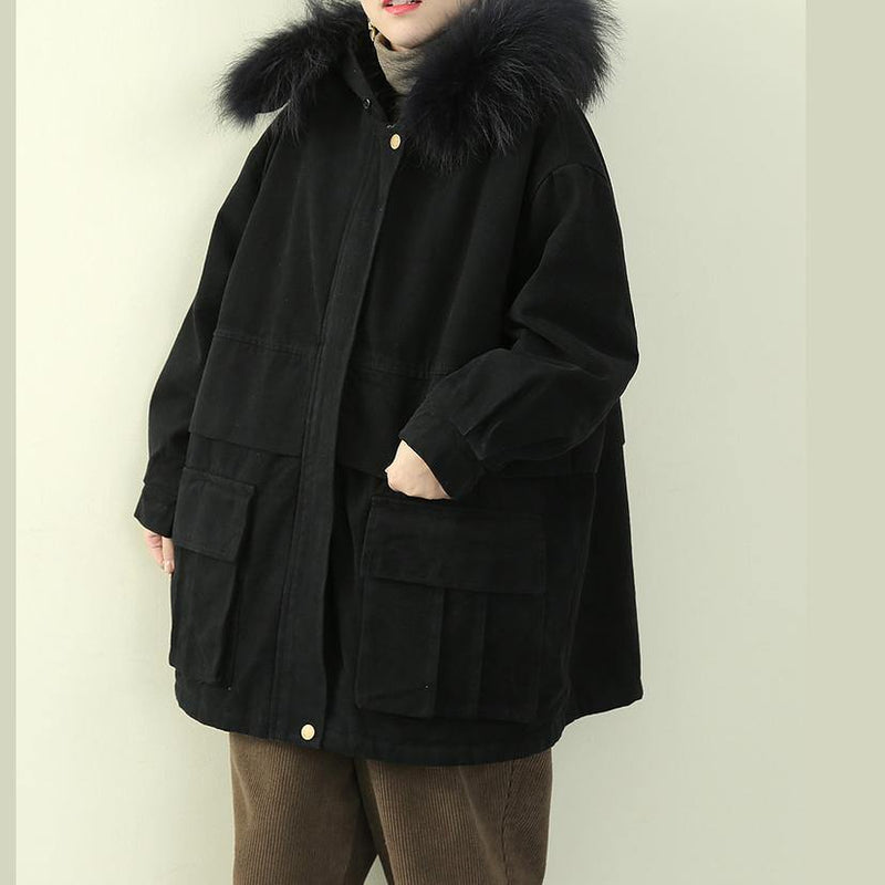 Black Winter Coats Clothing Hooded Faux Fur Collar Overcoat