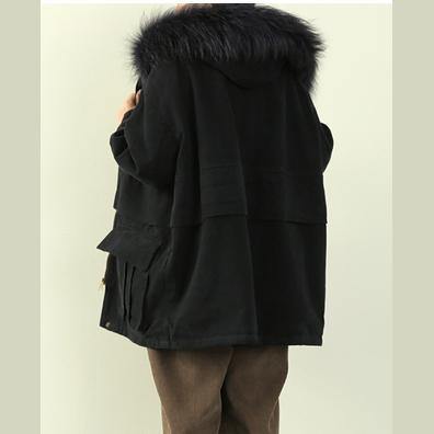 Black Winter Coats Clothing Hooded Faux Fur Collar Overcoat