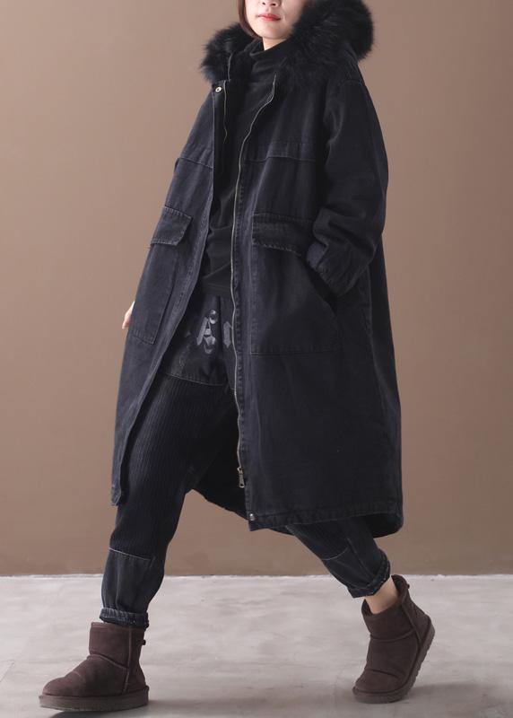 Black Winter Overcoat Loose Fitting Warm Winter Coat Alphabet Prints Hooded Outwear