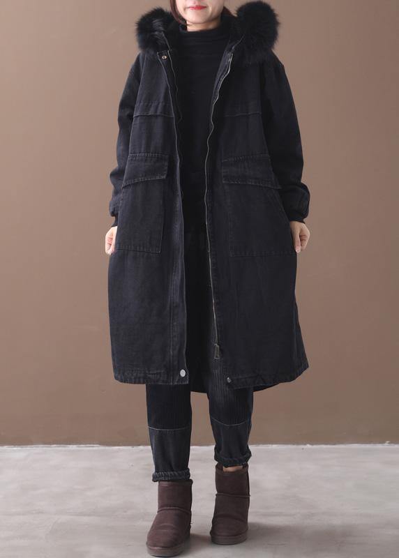 Black Winter Overcoat Loose Fitting Warm Winter Coat Alphabet Prints Hooded Outwear