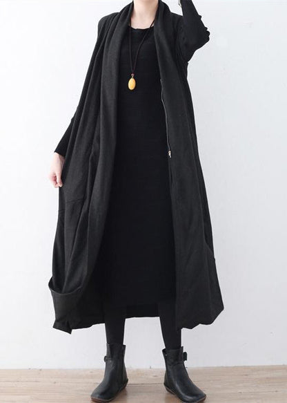 Black Woolen Long Coat Oversized Asymmetric Hem Maxi Coat Sleeveless Long Jackets