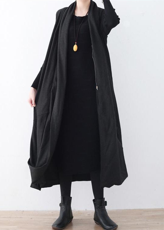 Black Woolen Long Coat Oversized Asymmetric Hem Maxi Coat Sleeveless Long Jackets