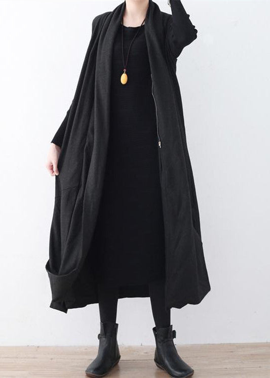 Black Woolen Long Coat Oversized Asymmetric Hem Maxi Coat Sleeveless Long Jackets