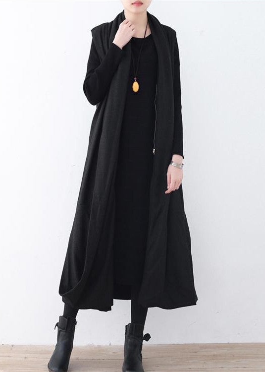 Black Woolen Long Coat Oversized Asymmetric Hem Maxi Coat Sleeveless Long Jackets