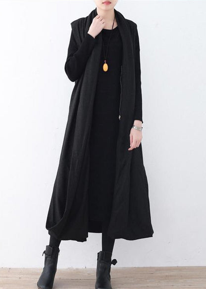 Black Woolen Long Coat Oversized Asymmetric Hem Maxi Coat Sleeveless Long Jackets