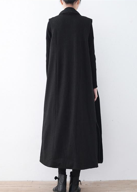 Black Woolen Long Coat Oversized Asymmetric Hem Maxi Coat Sleeveless Long Jackets