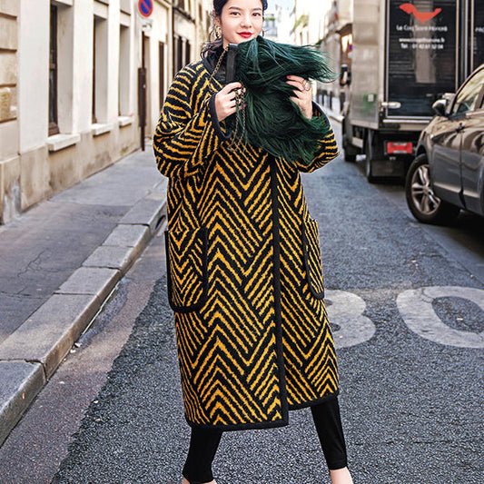 Black Yellow Striped Long Coat Loose Fitting O Neck Coats Boutique Pockets Wool Jackets