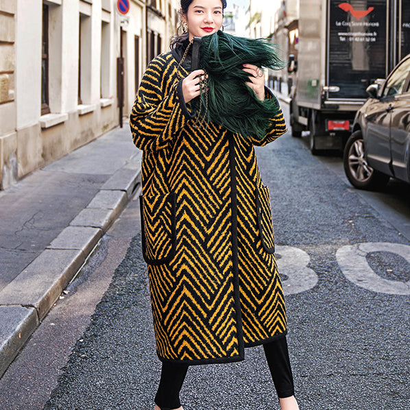 Black Yellow Striped Long Coat Loose Fitting O Neck Coats Boutique Pockets Wool Jackets