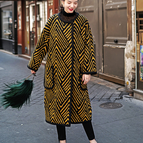 Black Yellow Striped Long Coat Loose Fitting O Neck Coats Boutique Pockets Wool Jackets