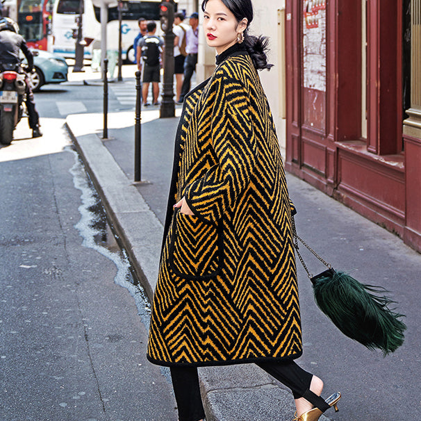 Black Yellow Striped Long Coat Loose Fitting O Neck Coats Boutique Pockets Wool Jackets