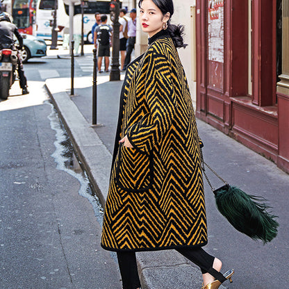 Black Yellow Striped Long Coat Loose Fitting O Neck Coats Boutique Pockets Wool Jackets
