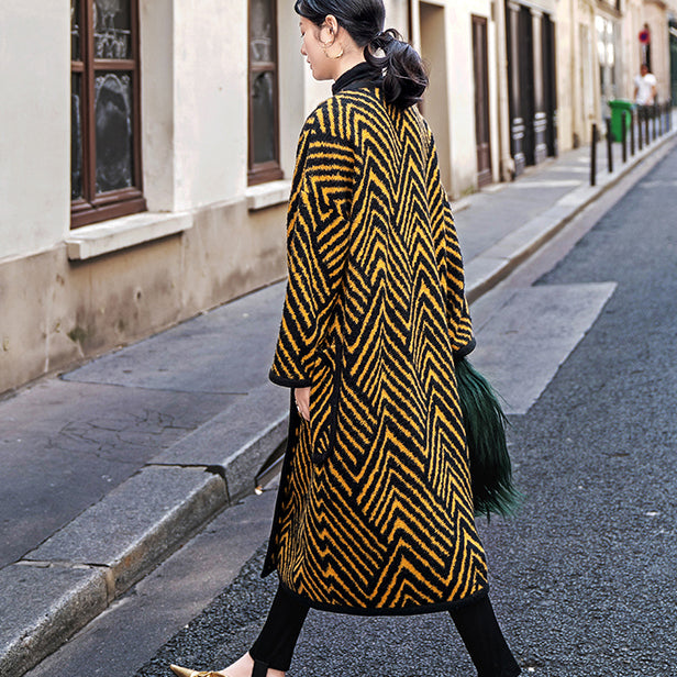 Black Yellow Striped Long Coat Loose Fitting O Neck Coats Boutique Pockets Wool Jackets