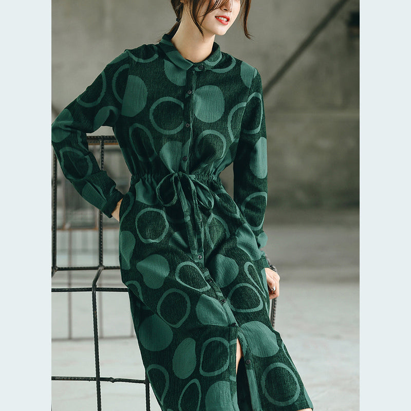 Blackish Green Dotted Maxi Coat Jacquard Peter Pan Collar Fine Baggy Dresses