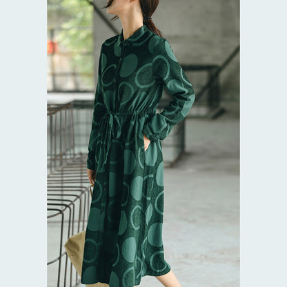 Blackish Green Dotted Maxi Coat Jacquard Peter Pan Collar Fine Baggy Dresses