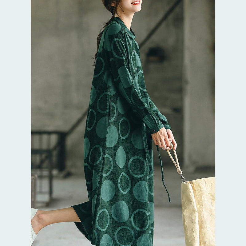 Blackish Green Dotted Maxi Coat Jacquard Peter Pan Collar Fine Baggy Dresses