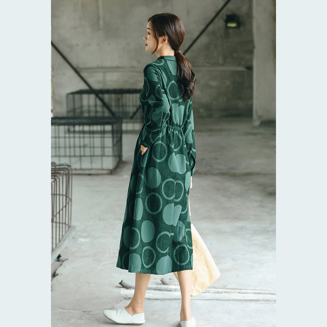 Blackish Green Dotted Maxi Coat Jacquard Peter Pan Collar Fine Baggy Dresses