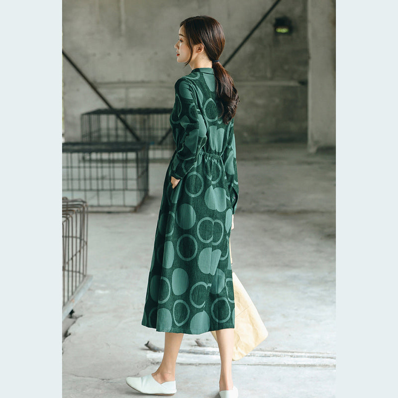 Blackish Green Dotted Maxi Coat Jacquard Peter Pan Collar Fine Baggy Dresses