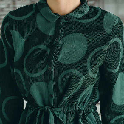 Blackish Green Dotted Maxi Coat Jacquard Peter Pan Collar Fine Baggy Dresses