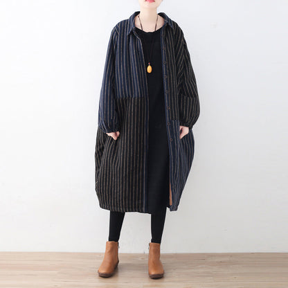 Blue Black Striped Down Coat Oversized Woolen Puffers Jackets Fine Patchwork Winter Outwear