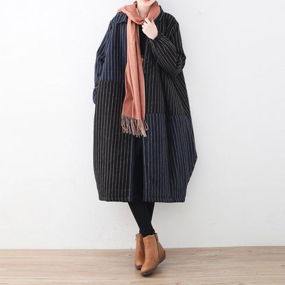 Blue Black Striped Down Coat Oversized Woolen Puffers Jackets Fine Patchwork Winter Outwear