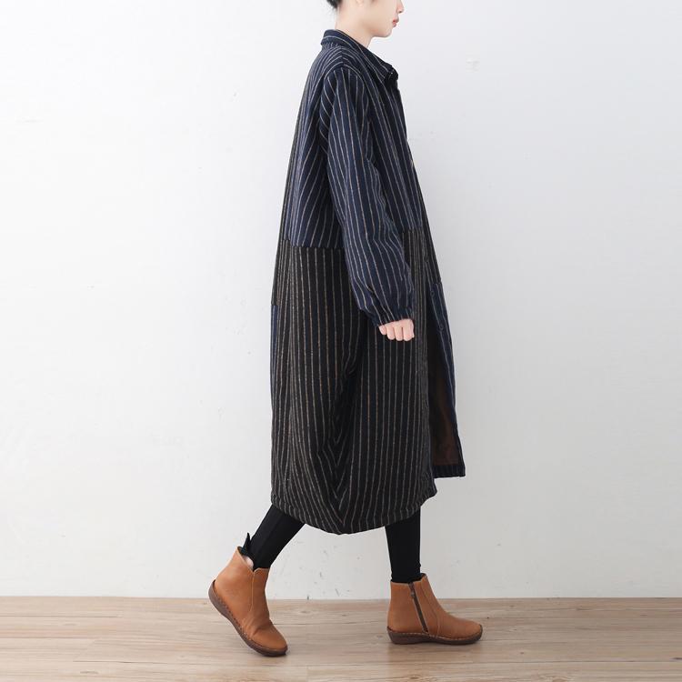Blue Black Striped Down Coat Oversized Woolen Puffers Jackets Fine Patchwork Winter Outwear