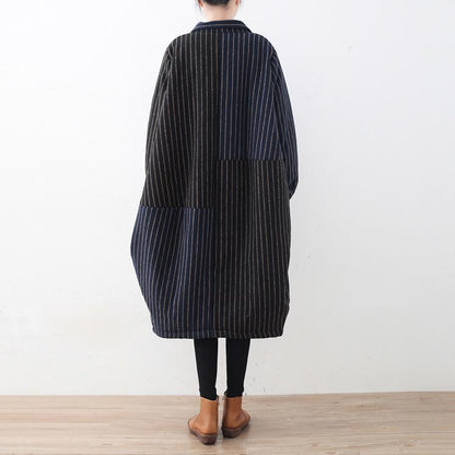 Blue Black Striped Down Coat Oversized Woolen Puffers Jackets Fine Patchwork Winter Outwear